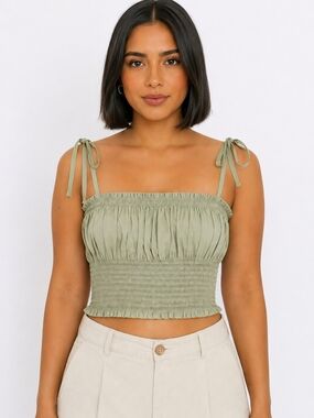 Danielle Bernstein Women's Sage Green Smocked Tie Strap Crop Top - Size S.